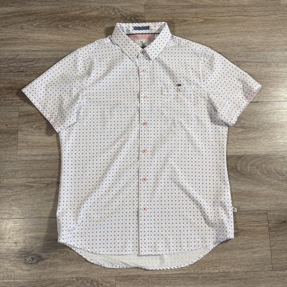 7 Diamonds Mens Shirt Dornan 4 Way Stretch Button Up Geometric M White/Pink/Blue